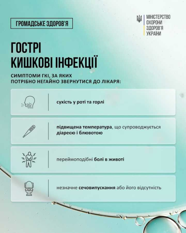 МОЗ попереджає: за тиждень у трьох областях України зафіксовано спалахи гострих кишкових інфекцій (ГКІ)